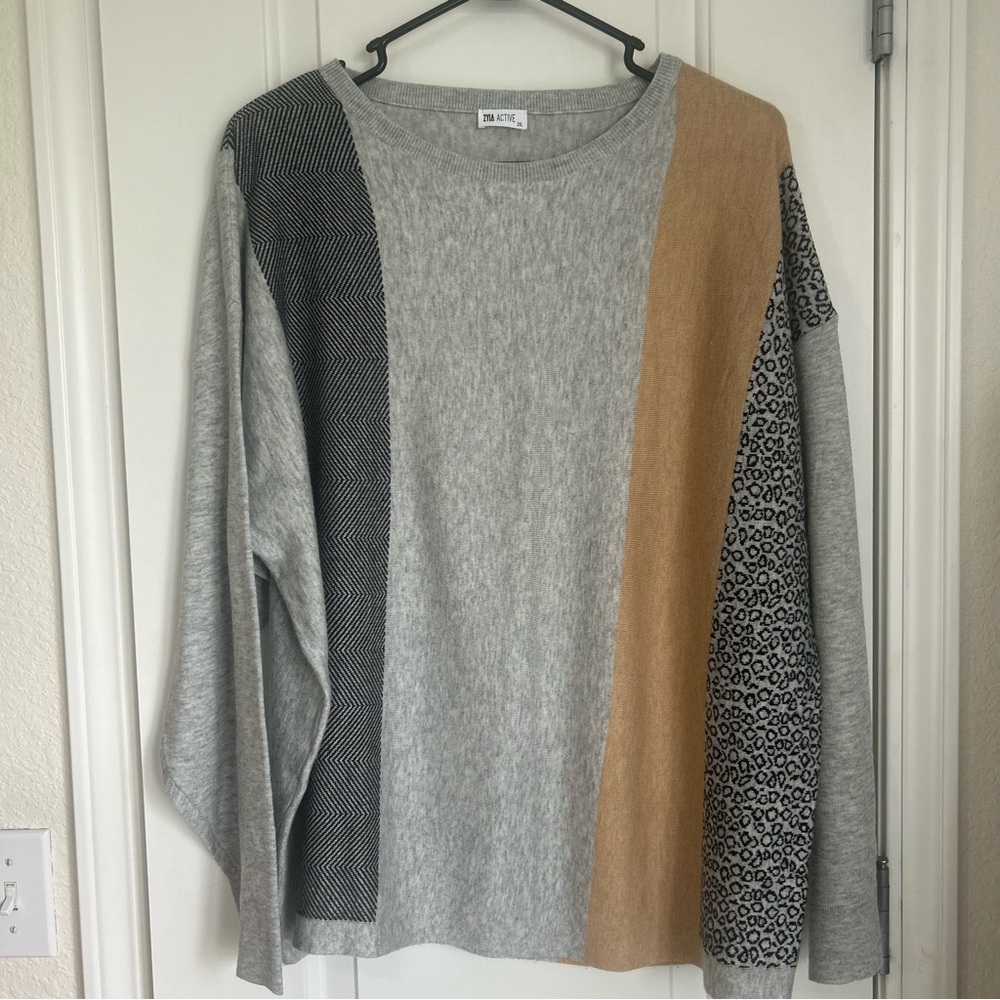 Zyia Zanzibar Sweater Womens Gray Color Block Long Sleeve Pullover - Size XXL
